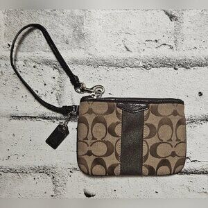 Coach Signature Stripe Wristlet F51158 Mahogany Khaki Small Pouch